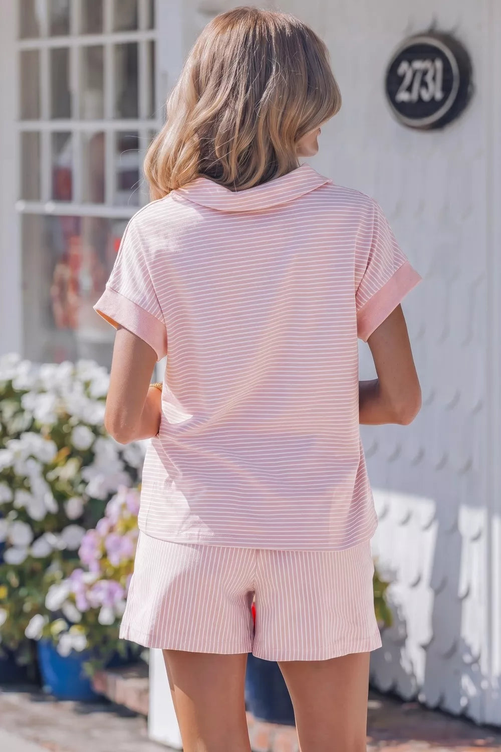 Stripe Dolman Sleeve Polo Shirt and Drawstring Shorts Set Secondary image