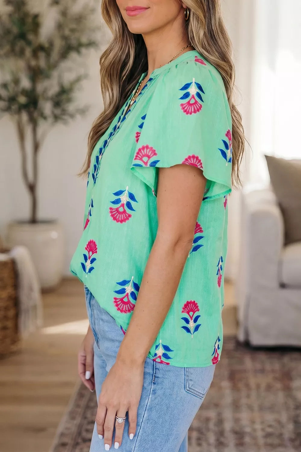 Floral V Neck Flutter Sleeve Blouse Secondary image