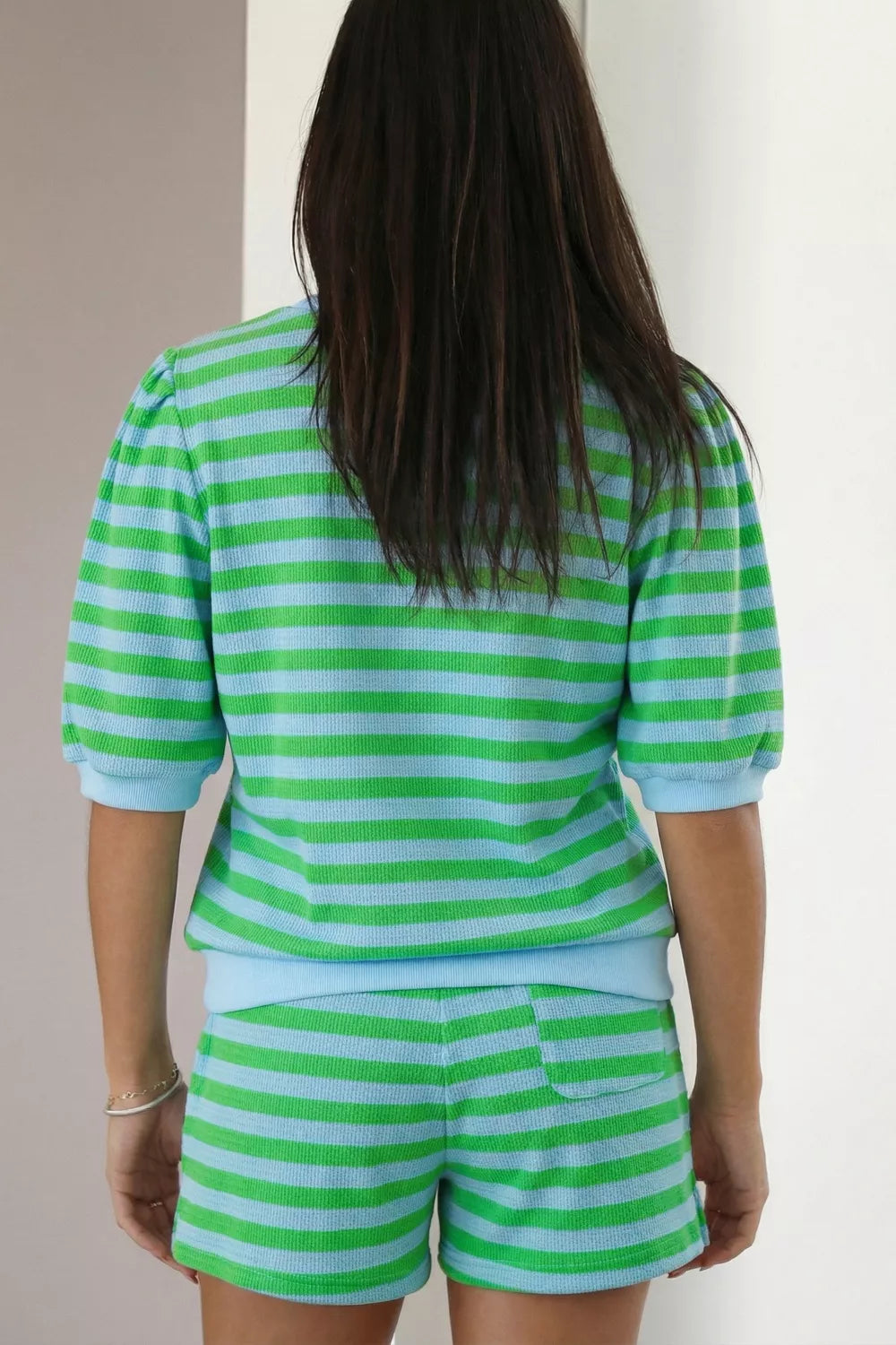 Stripe Colorblock Detail Puff Sleeve Top Drawstring Shorts 2pcs Outfit Secondary image