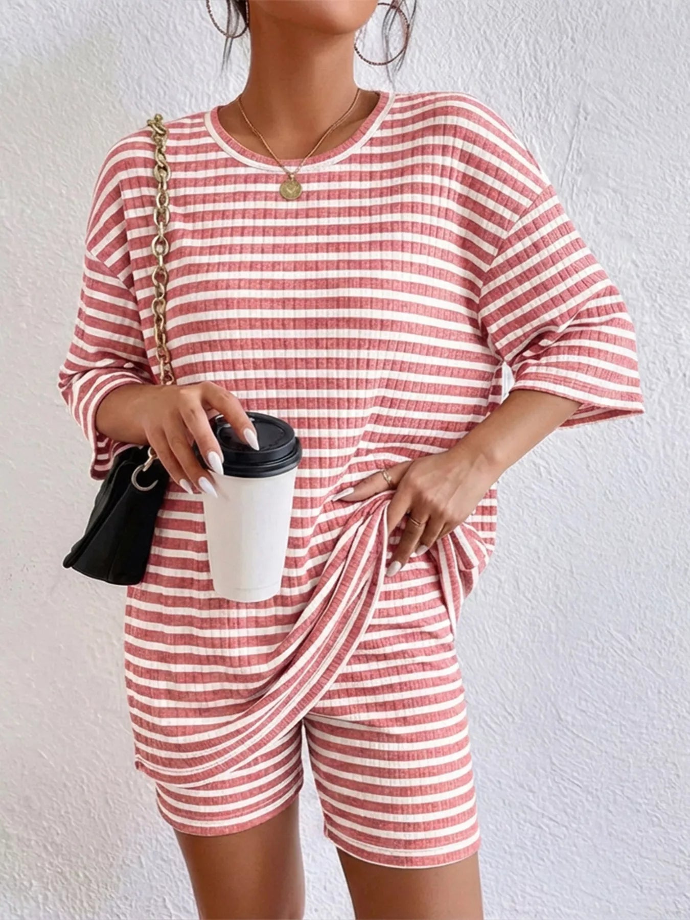 Striped Round Neck Top and Shorts Set Secondary image