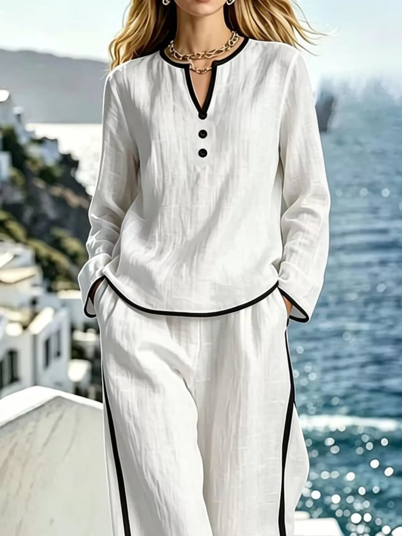 Contrast Trim Long Sleeve Top and Pants Set Secondary image