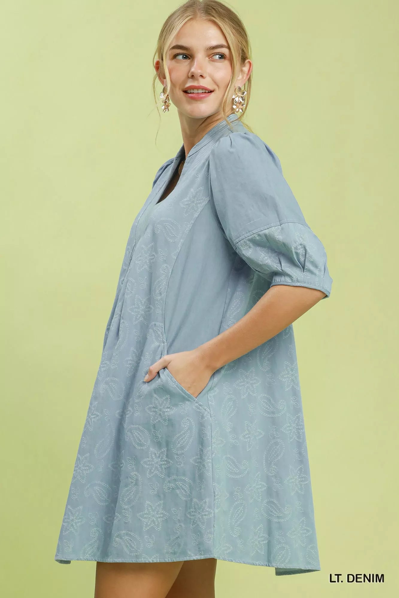 Umgee Print Denim Dress with Contrast Stitch Secondary image