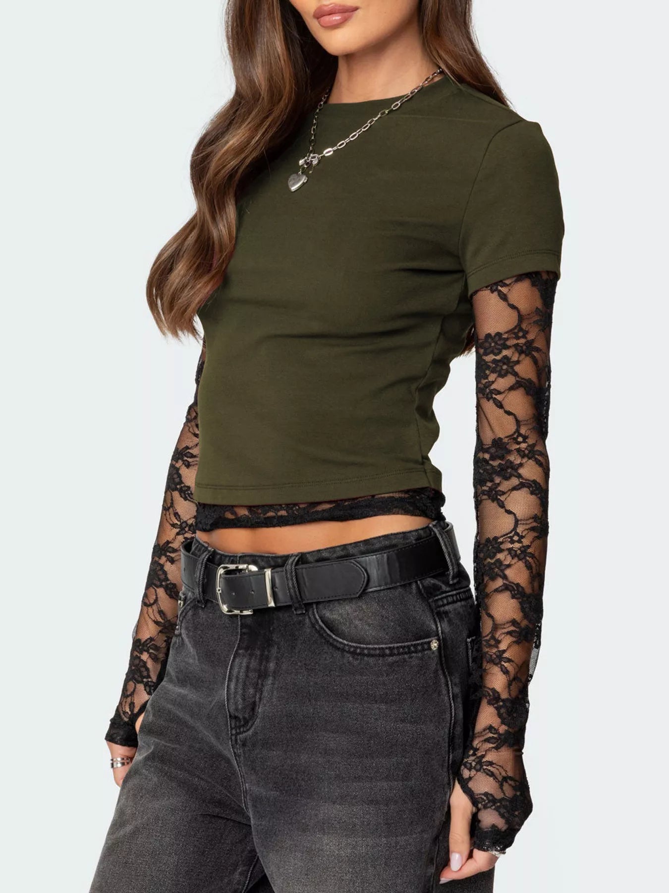 Cropped T-Shirt with Sheer Lace Sleeves Secondary image