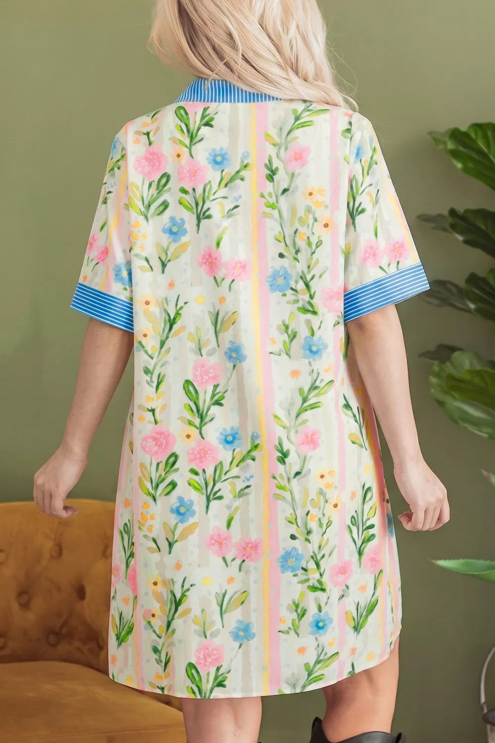 Multicolour Floral Print Striped Trim Button Down Shift Dress Secondary image
