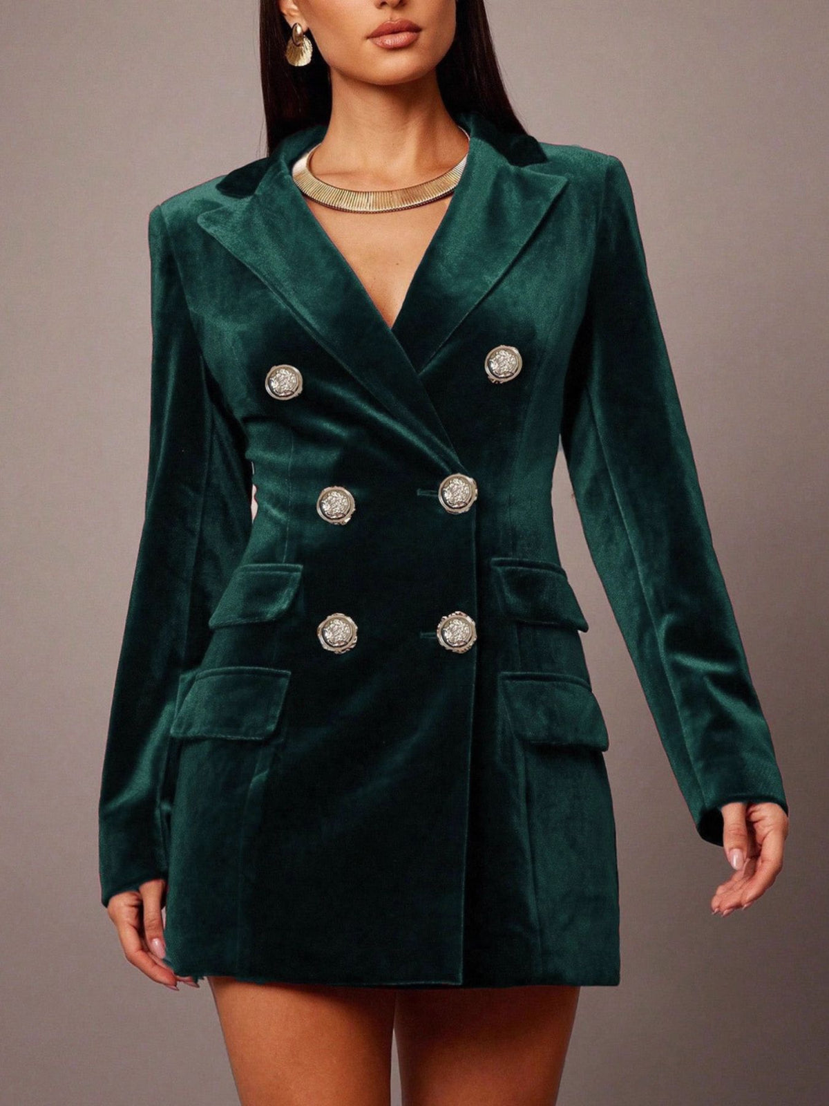 Velvet Double-Breasted Blazer Dress – Wine Red / Dark Green - photo 8