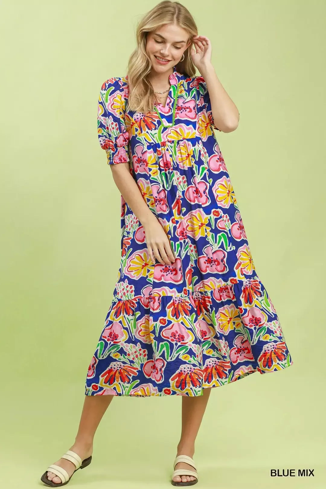 Umgee Floral Print Puff Sleeve Tiered Midi Dress Secondary image