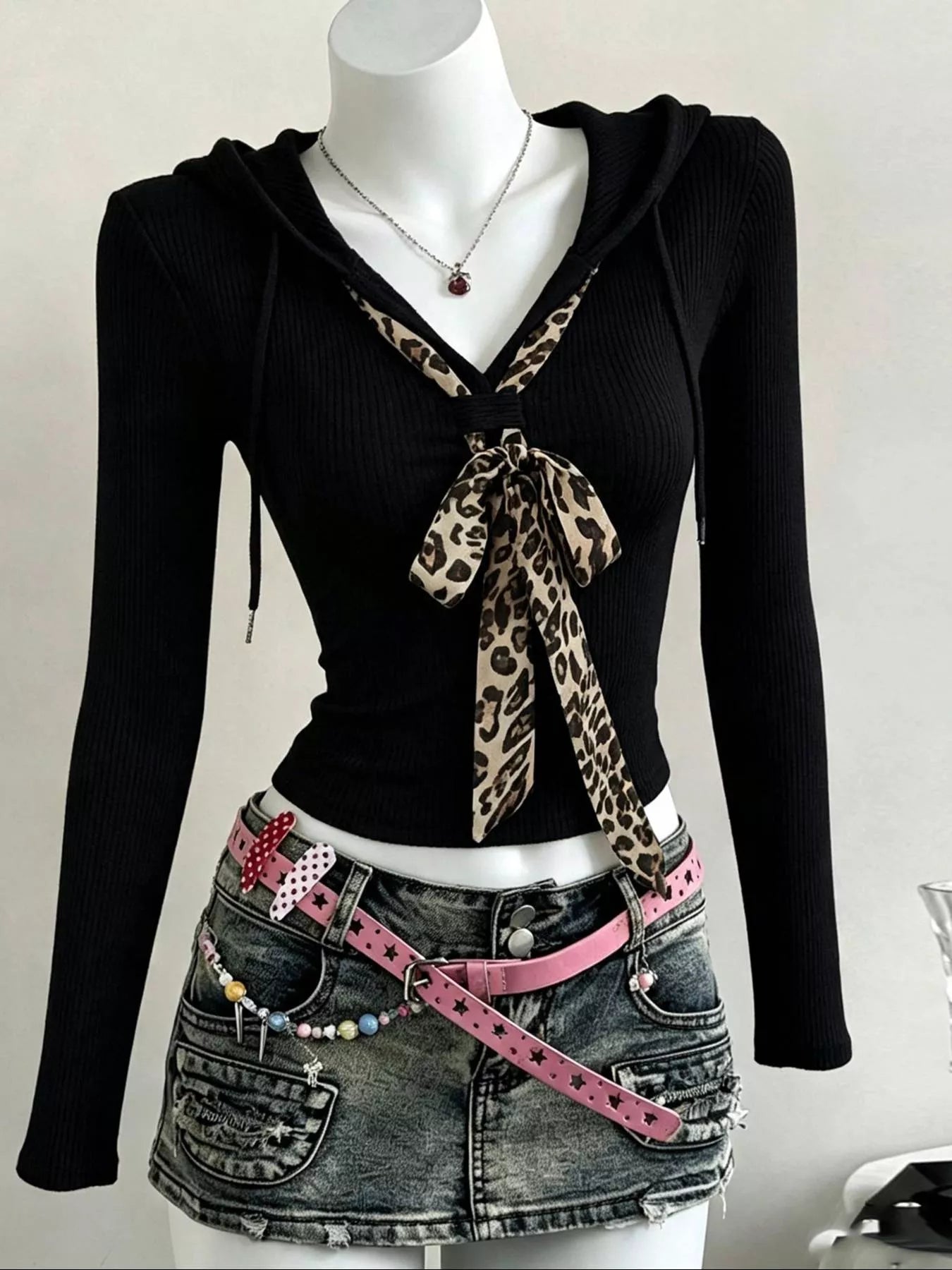 Long Sleeve Hooded T-Shirt with Leopard Scarf Detail Secondary image