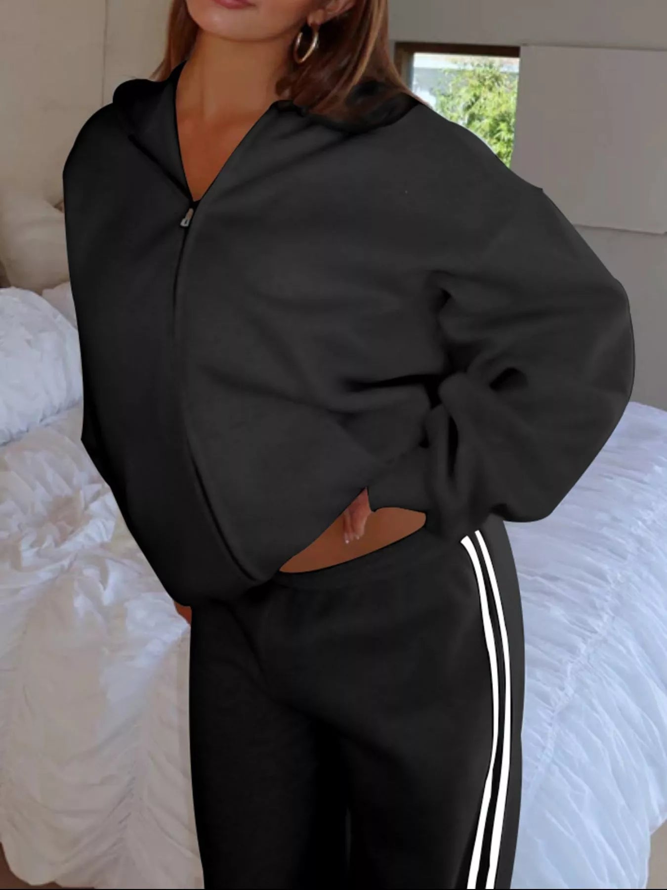 Zip Up Hoodie and Striped Pants Set Secondary image