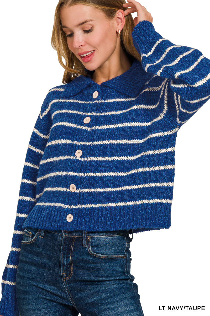 Zenana Striped Collared Button Down Sweater Cardigan Secondary image