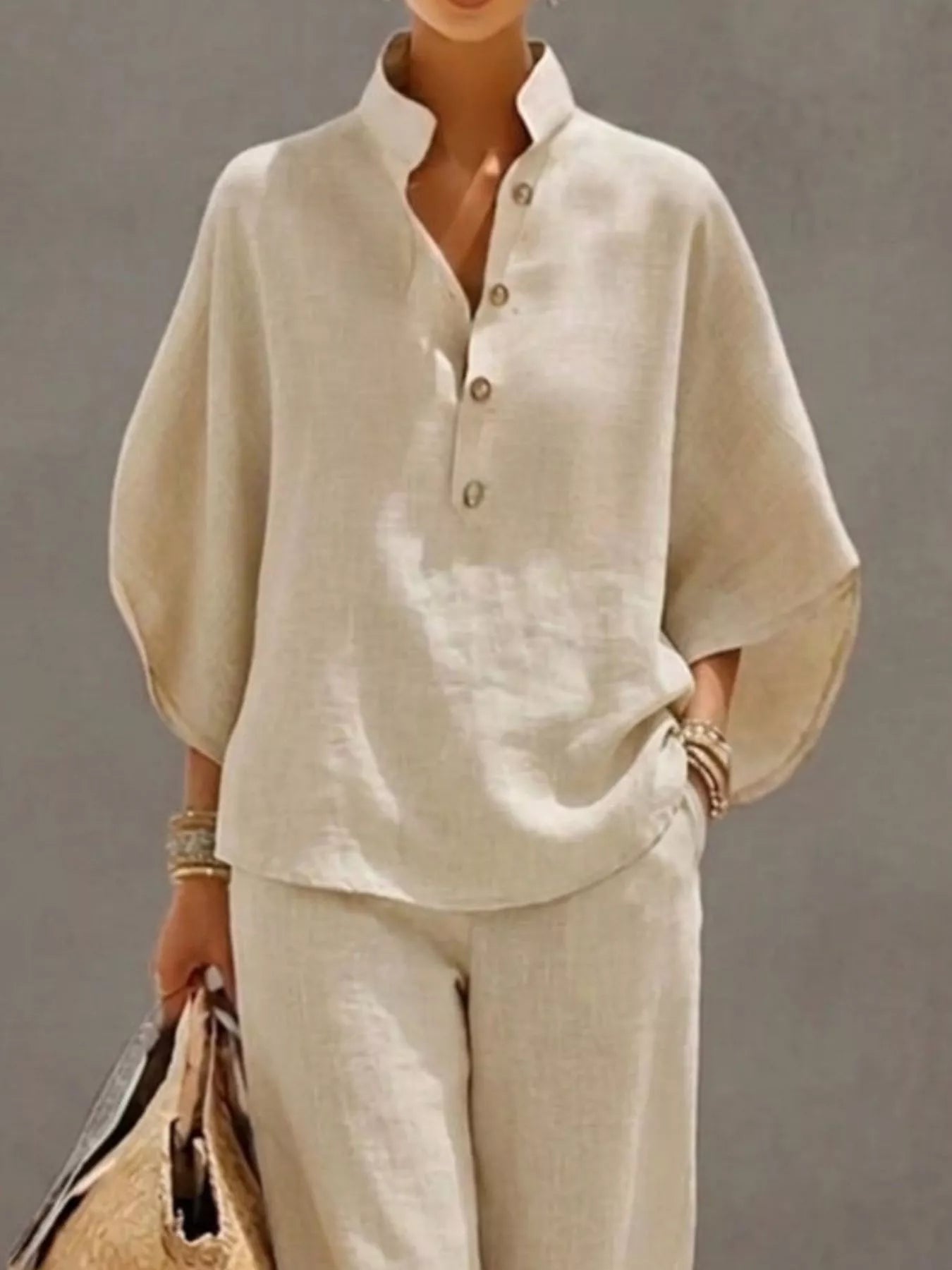 Full Size Button Detail 3/4 Sleeve Top and Pants Set Plus Size Secondary image