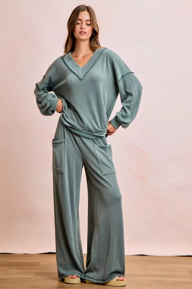 BiBi Two Tone Cord Rib Contrast Stitching V-Neck Top and Pants Set Secondary image