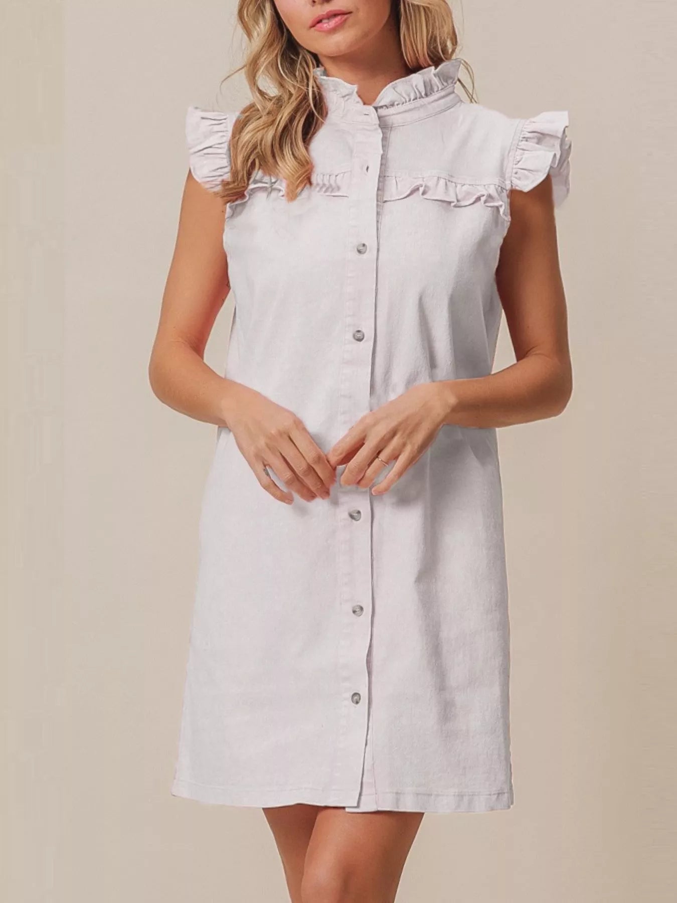 Ruffled Trim Button-Down Denim Dress Secondary image