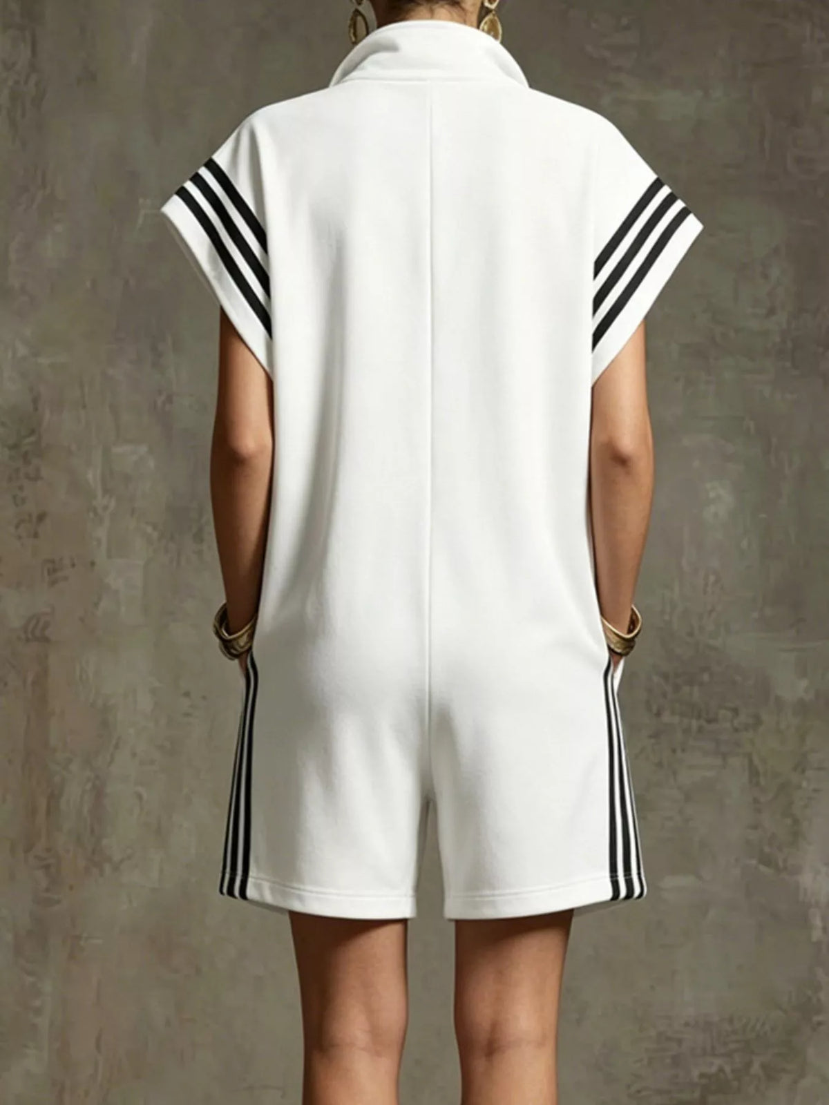 Striped Zip Front Short Sleeve Romper - photo 12