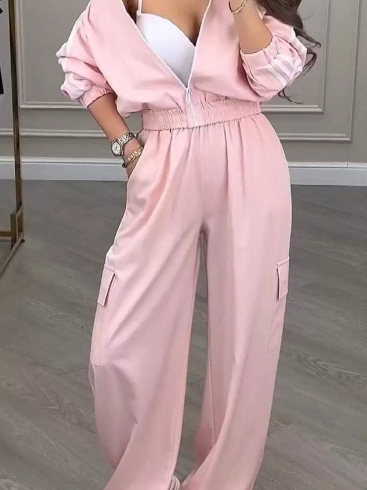Full Size Side Striped Zip Up Outerwear and Pants Set Plus Size - photo 6