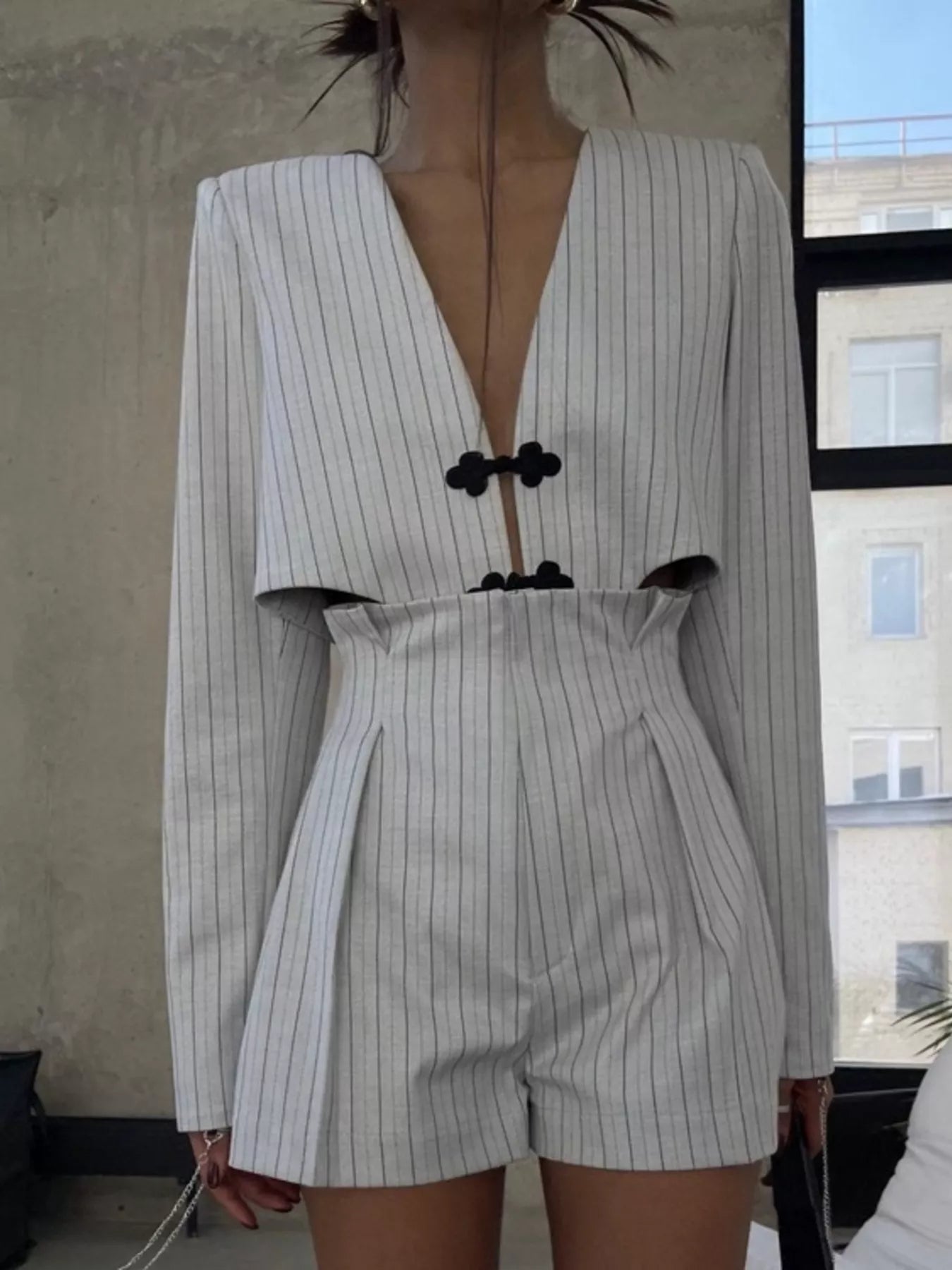 Pinstripe Cropped Blazer and Pleated Shorts Set Secondary image