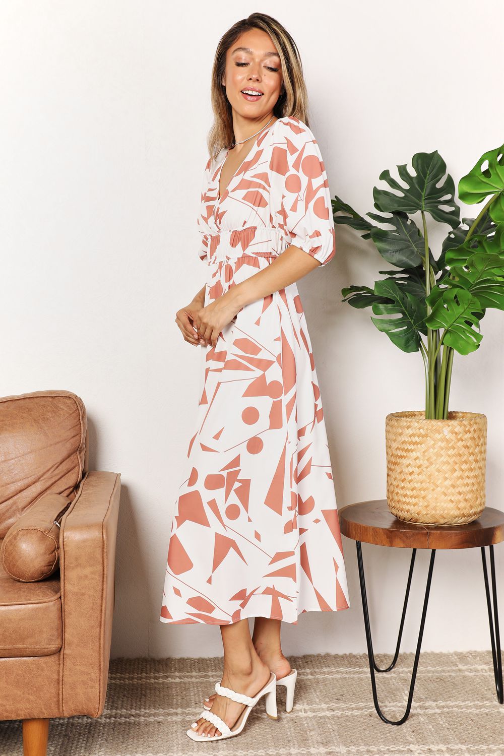 Printed Surplice Balloon Sleeve Dress Secondary image