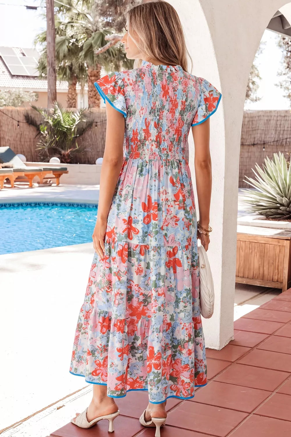 Floral Print V Neck Contrast Trim Flutter Sleeve Long Dress Secondary image