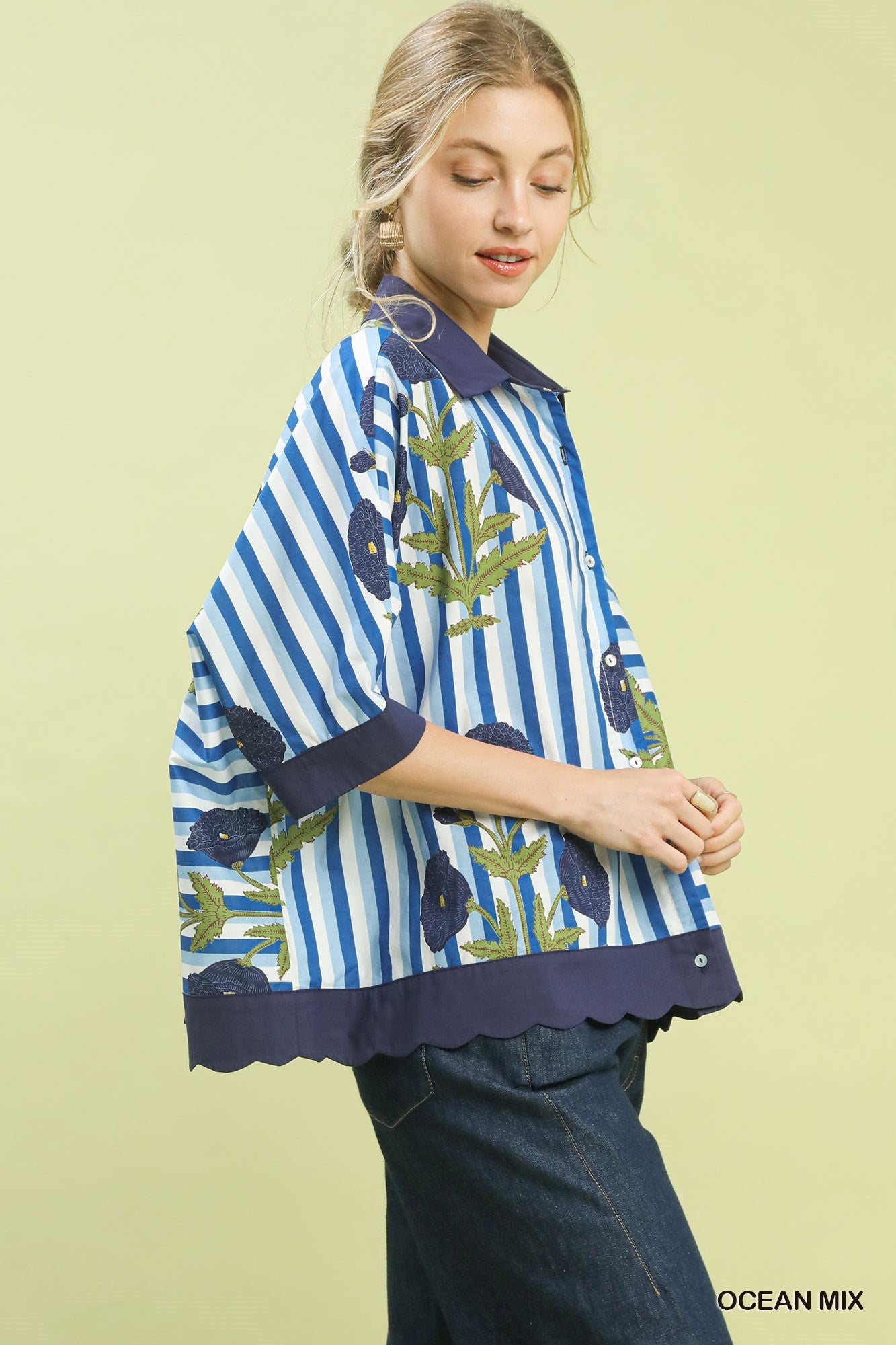 Umgee Mix Floral Stripe Button Down Top Secondary image
