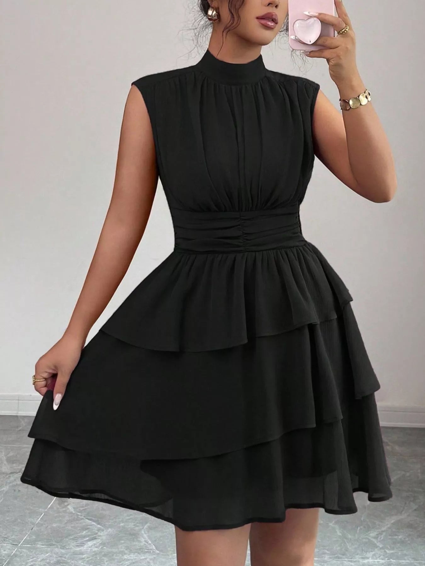 Sleeveless Mock Neck Layered Ruffle Dress Secondary image