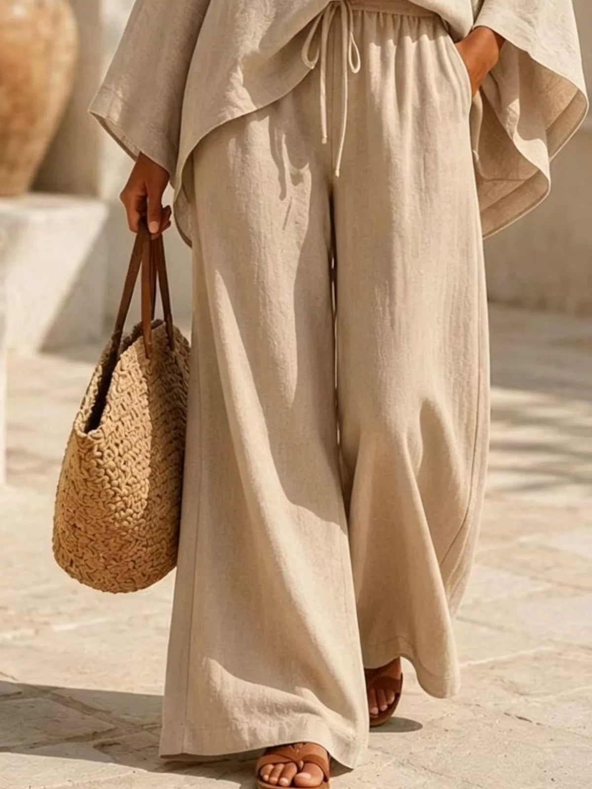 Full Size Loose Fit Top and Wide-Leg Pants Set Plus Size – White / Khaki - photo 6