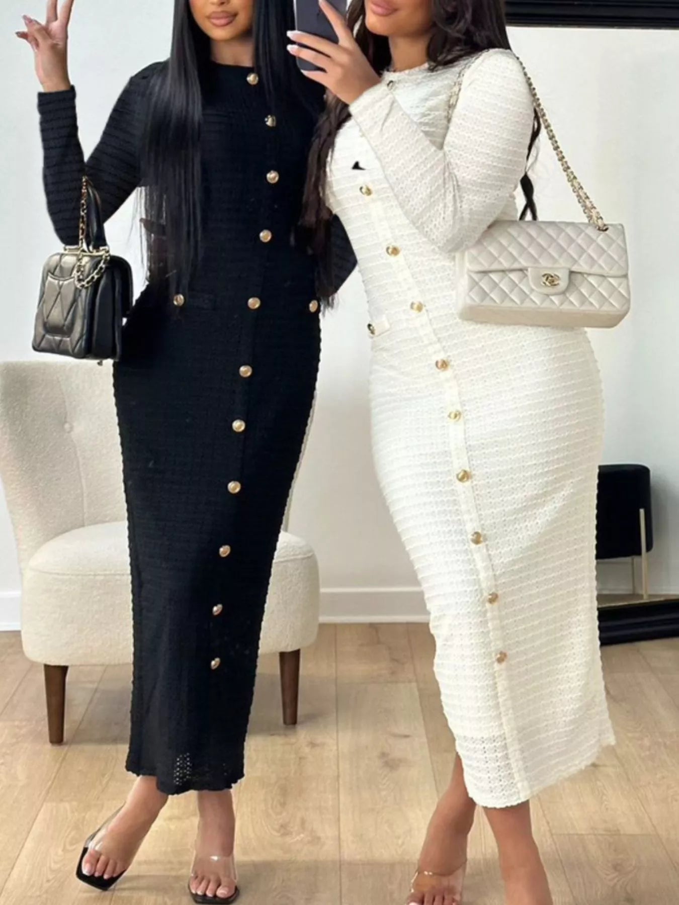 Textured Decor Button Midi Dress Secondary image