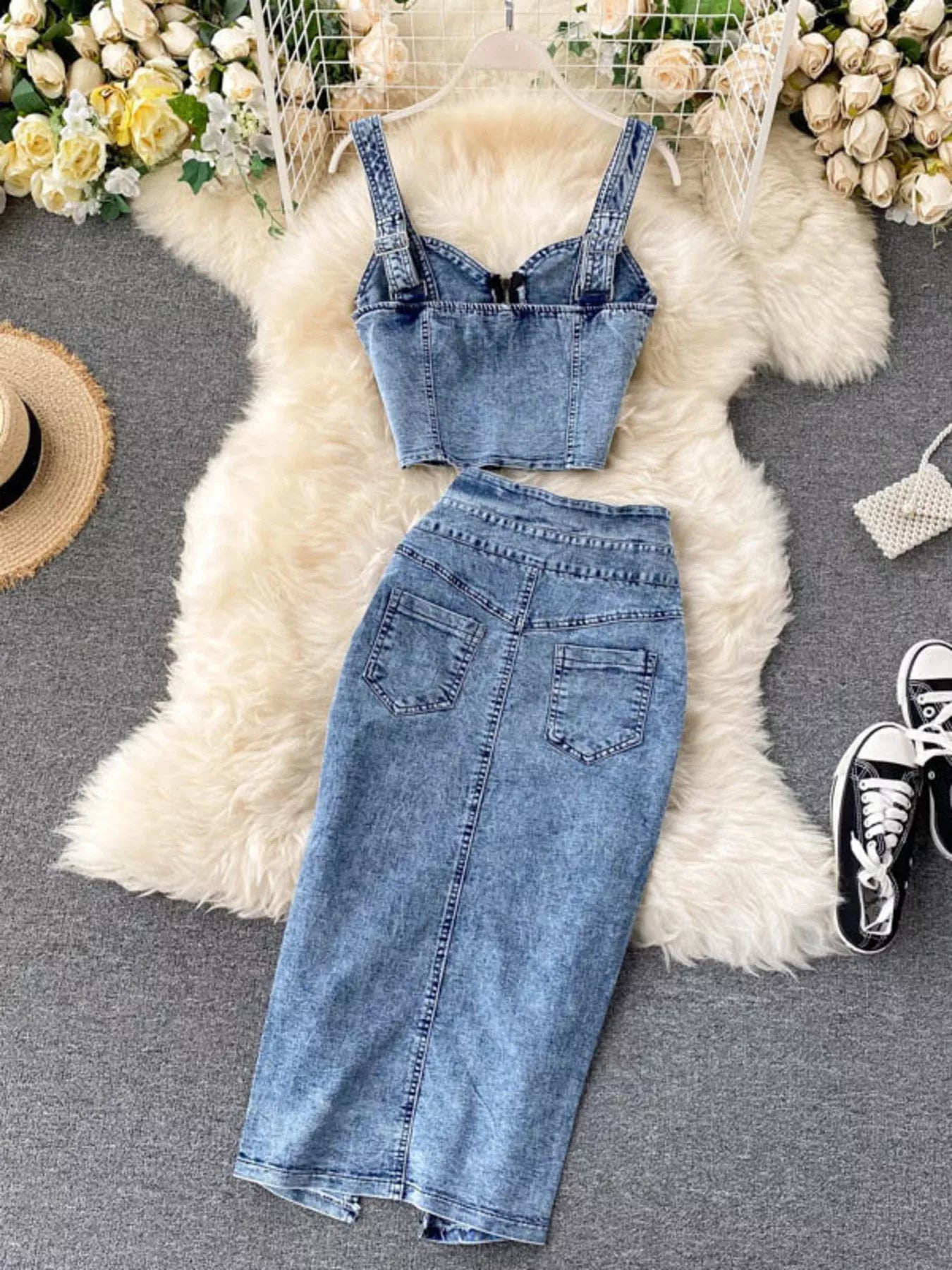 Zipper Top & Button Slit Skirt Denim Set Secondary image