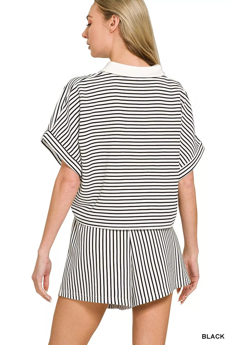 Zenana Striped Collared Top & Shorts Set Secondary image