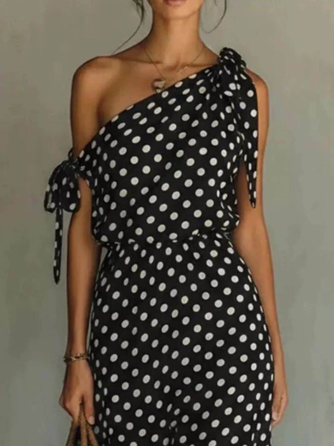 Full Size Polka Dot One-Shoulder Maxi Dress with Tie Details Plus Size Secondary image