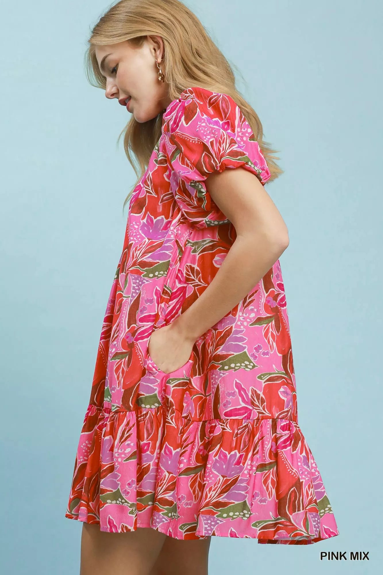 Umgee Tropical Floral Puff Sleeve Tiered Mini Dress Secondary image
