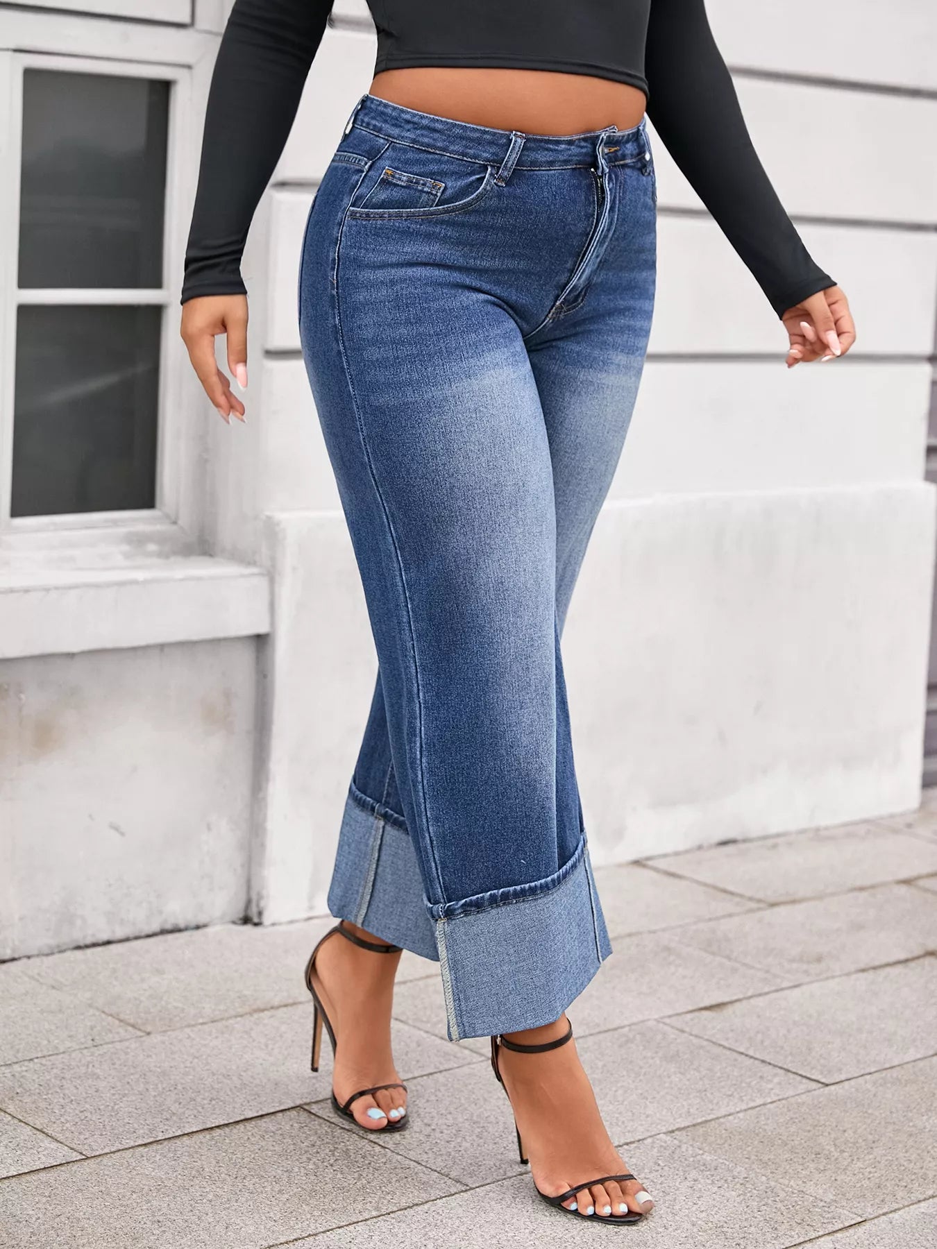 Plus Size High Waist Cuffed Wide Leg Jeans Secondary image