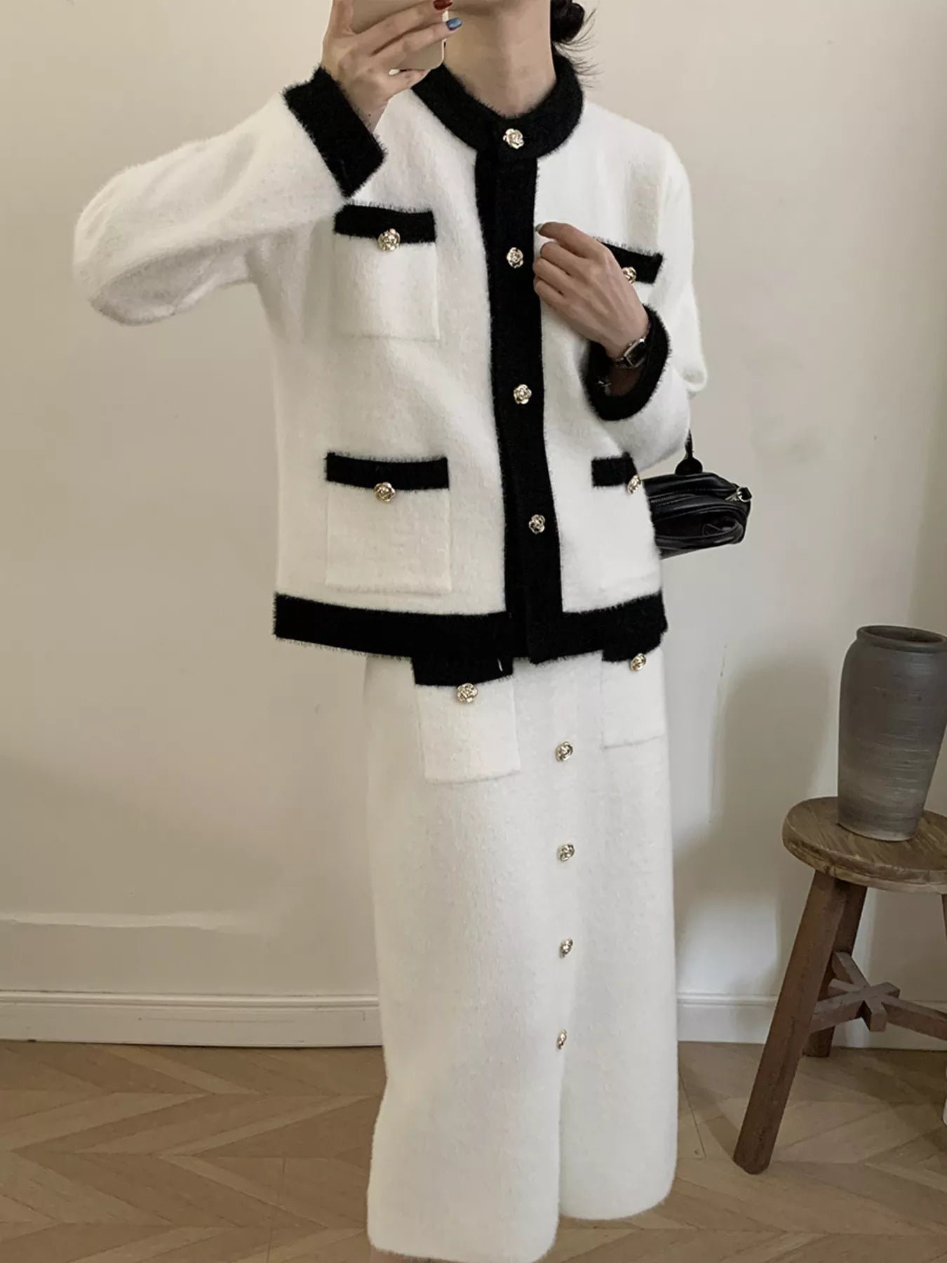 Contrast Trim Jacket and Skirts Sweater Set Secondary image