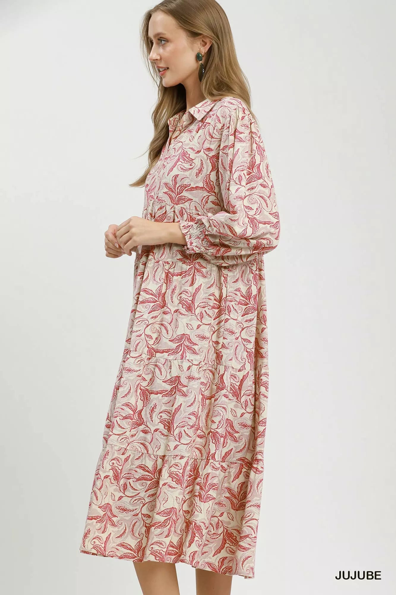 Umgee Linen Botanical Print Tiered Midi Dress Secondary image