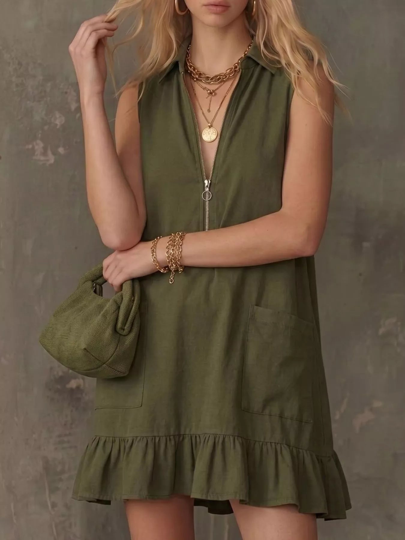 Sleeveless Collared Zip-Front Ruffle Hem Dress Secondary image