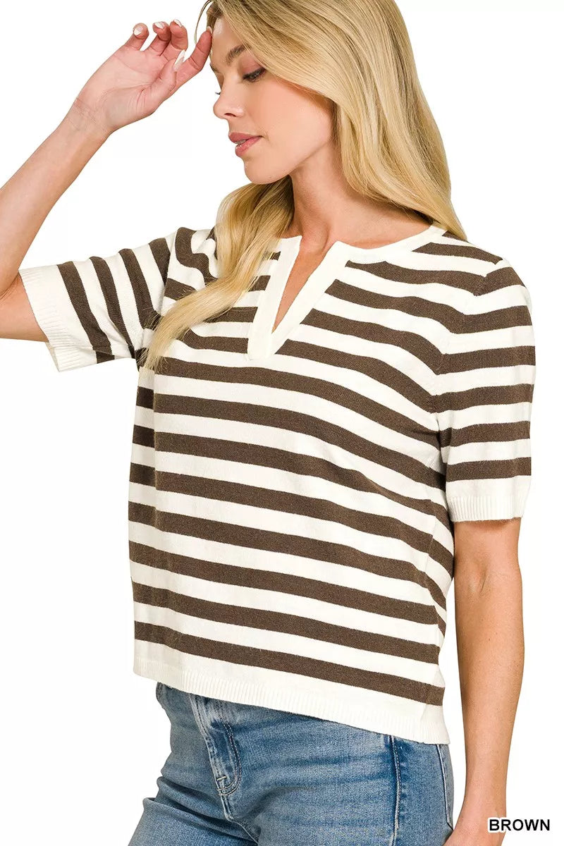 Zenana Split Neck Stripe Short Sleeve Sweater Secondary image