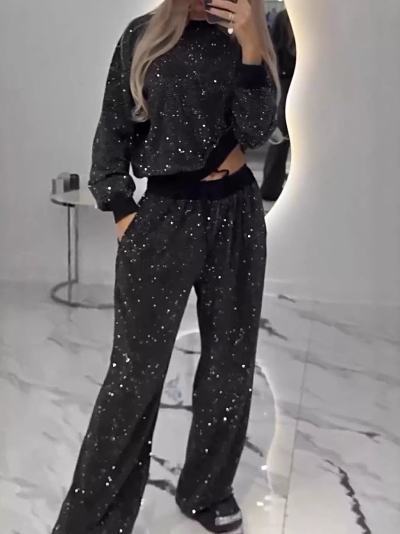 Rhinestone Long Sleeve Top and Pants Set Secondary image