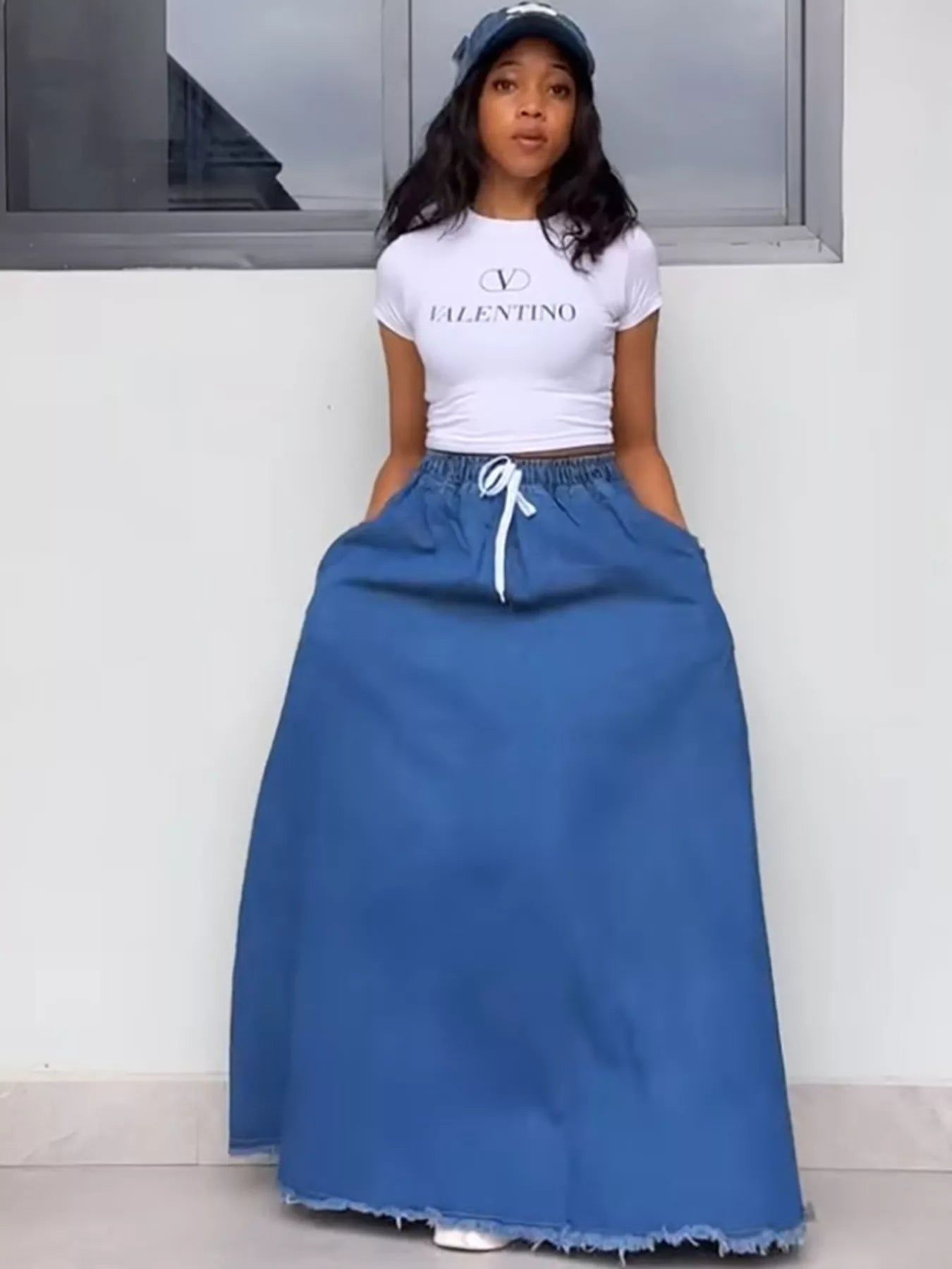 Full Size Raw Hem Denim Maxi Skirt Plus Size Secondary image