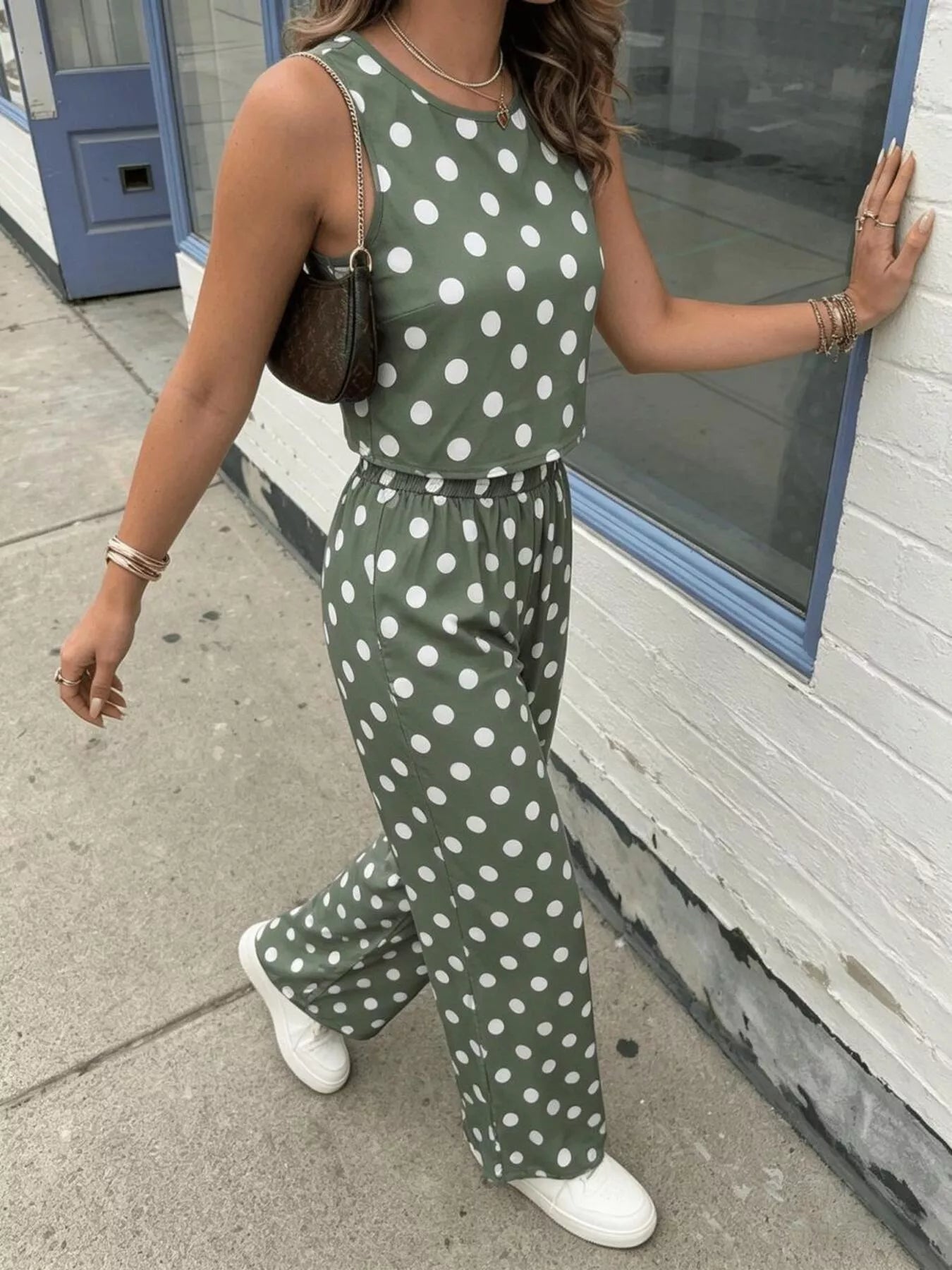 Polka Dot Sleeveless Top and Wide Leg Pants Set Secondary image