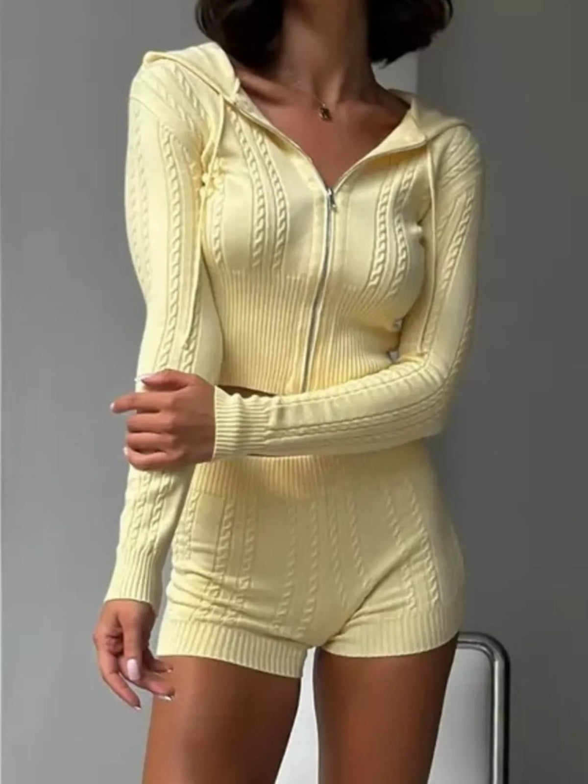 Cable Knit Zip-Up Hooded Top and Shorts Lounge Set - photo 6