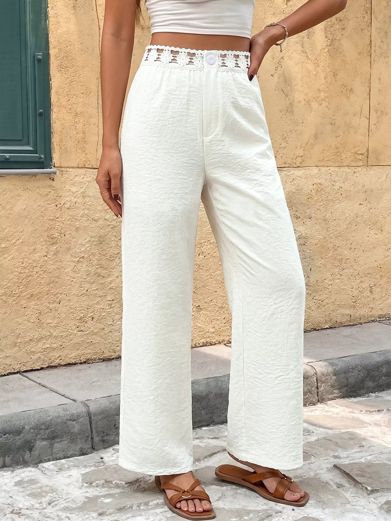 High Waist Wide Leg Pants with Crochet Trim Secondary image