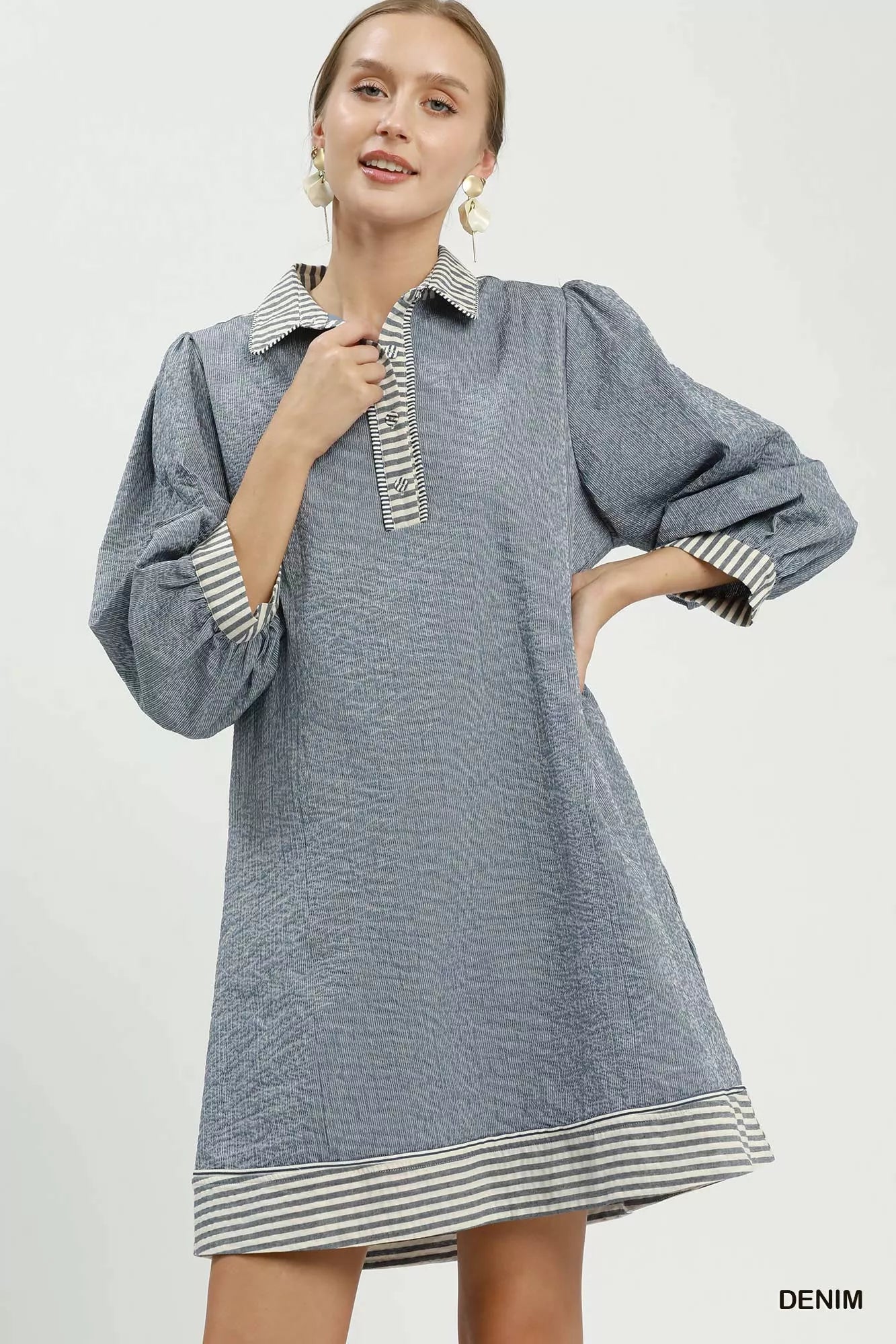 Umgee Striped Contrast Belted Puff Sleeve Mini Dress Secondary image
