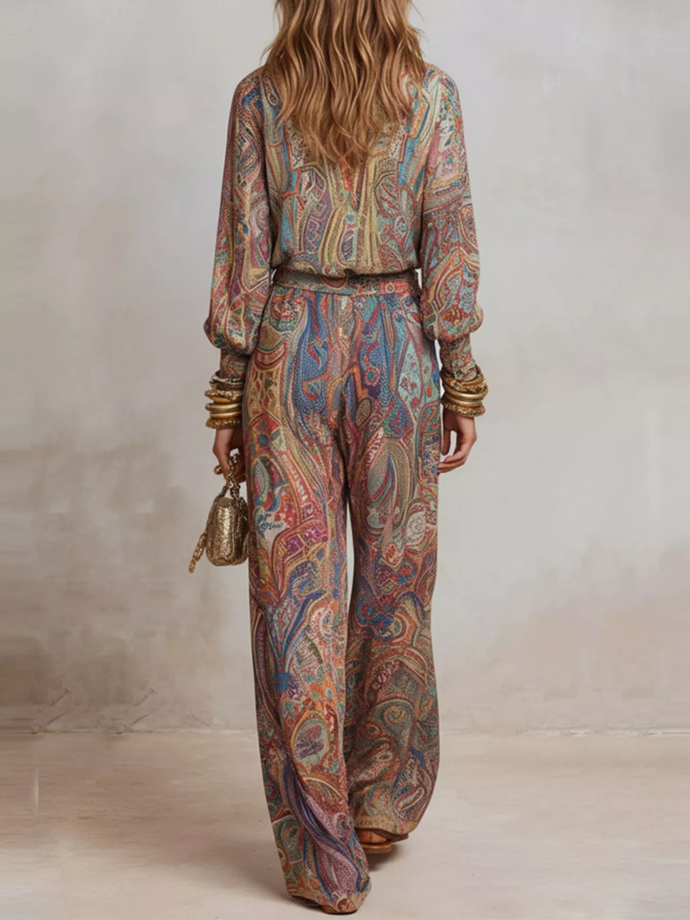 Paisley Print Long Sleeve Top and Pants Set Secondary image