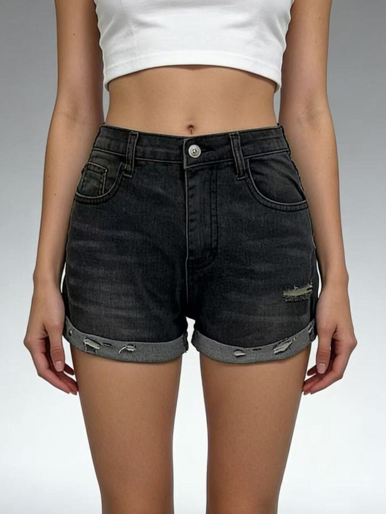 Distressed Denim Roll-Up Shorts Secondary image