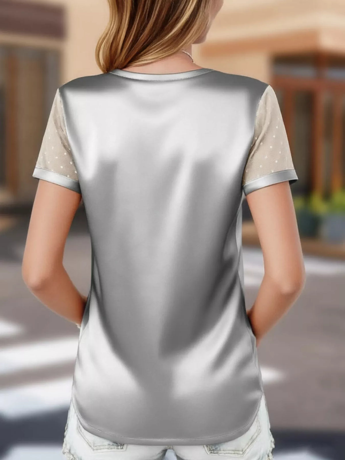 Satin V-Neck Sheer Short Sleeve Top - photo 4