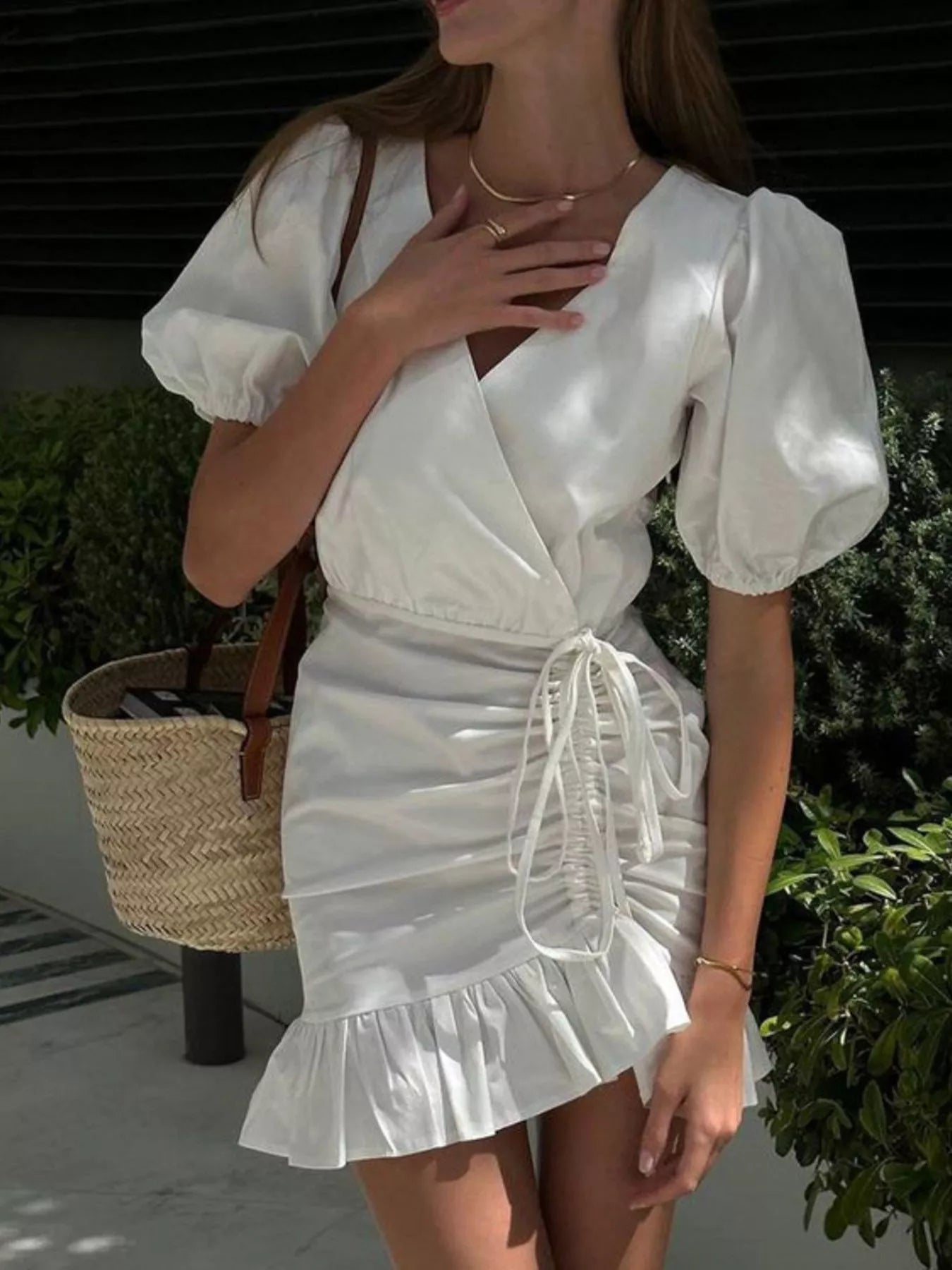 Ruffled Hem Ruched Puff Sleeve Mini Dress Secondary image
