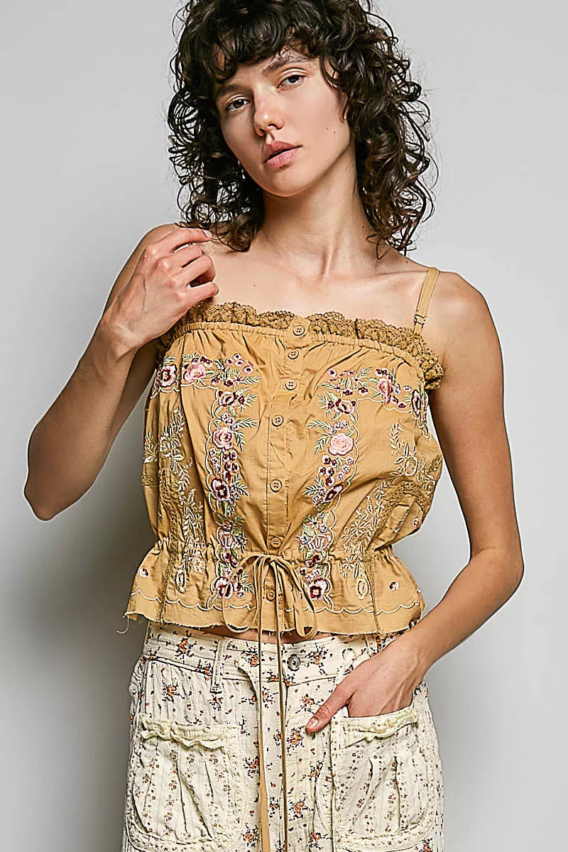 POL Button Down Floral Embroidered Cropped Cami with Lace Detail Secondary image