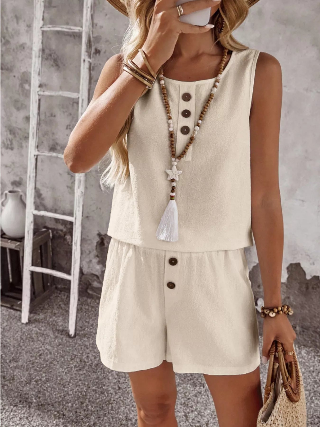 Decor Button Round Neck Tank and Shorts Set Secondary image
