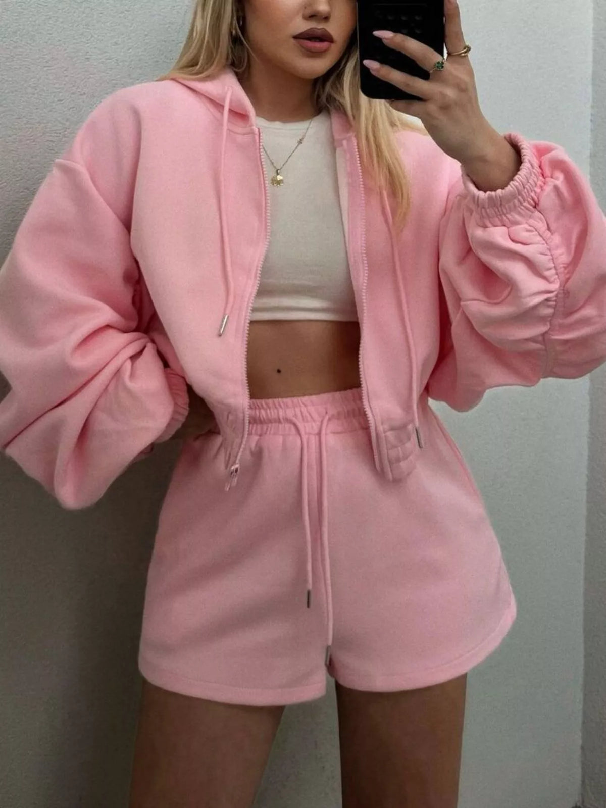 Zip-Up Jacket and High-Waisted Drawstring Shorts Set - photo 7