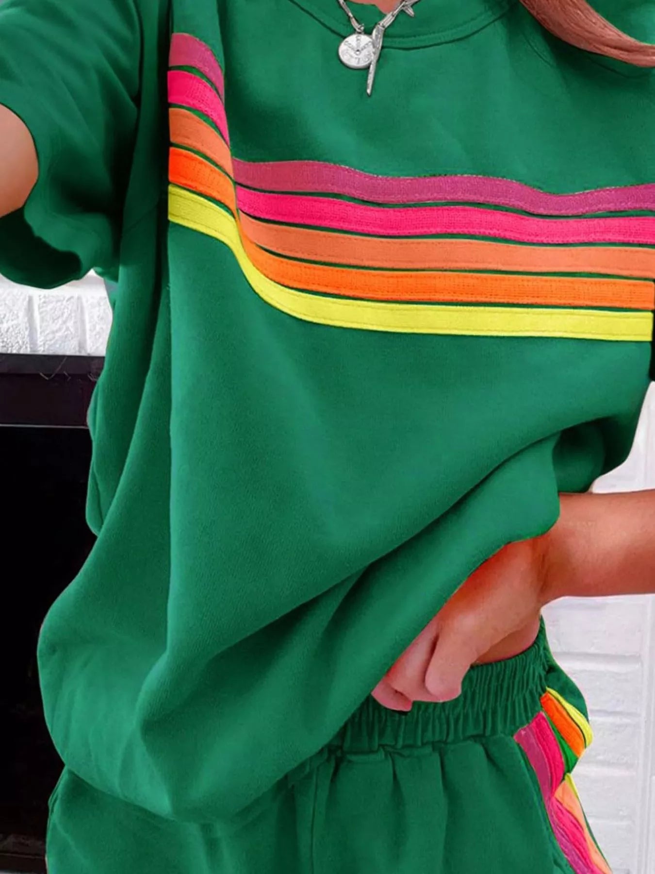 Rainbow Striped Round Neck Top and Shorts Set Secondary image