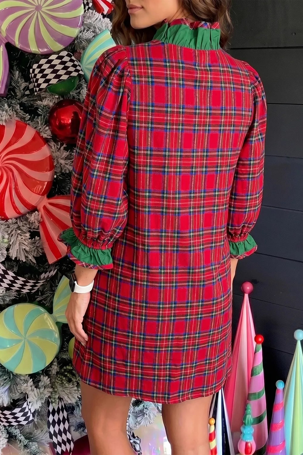 Plaid Ruffle Cuff Button Front Pocket Mini Dress Secondary image