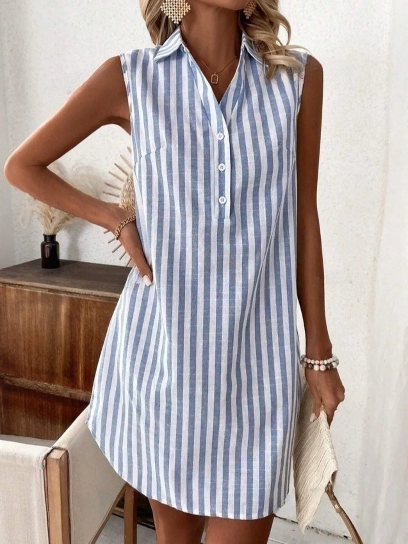 Sleeveless Striped Button Detail Shirt Dress Secondary image